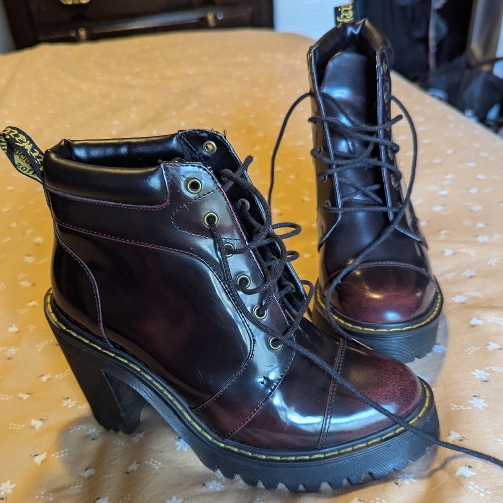 Dr. Martens Women's Burgundy Patent Leather Platform Ankle Boots - Picture 2 of 12
